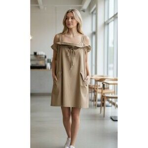 Avant-Garde Lagenlook Cotton Shift Dress Utility Pockets Neutral Minimalist